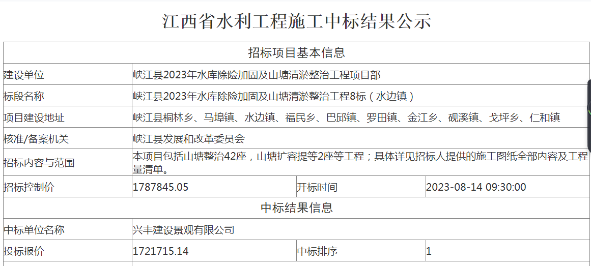 峡江县2023年水库除险加固及山塘清淤整治工程中标