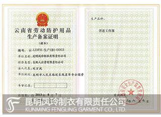 云南省劳动防护用品生产备案证明