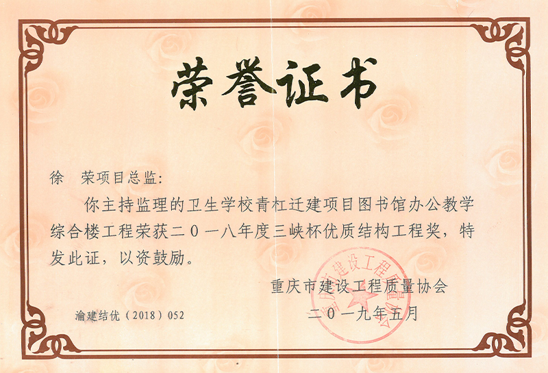 重庆市三峡杯优质结构工程奖（2018年度）