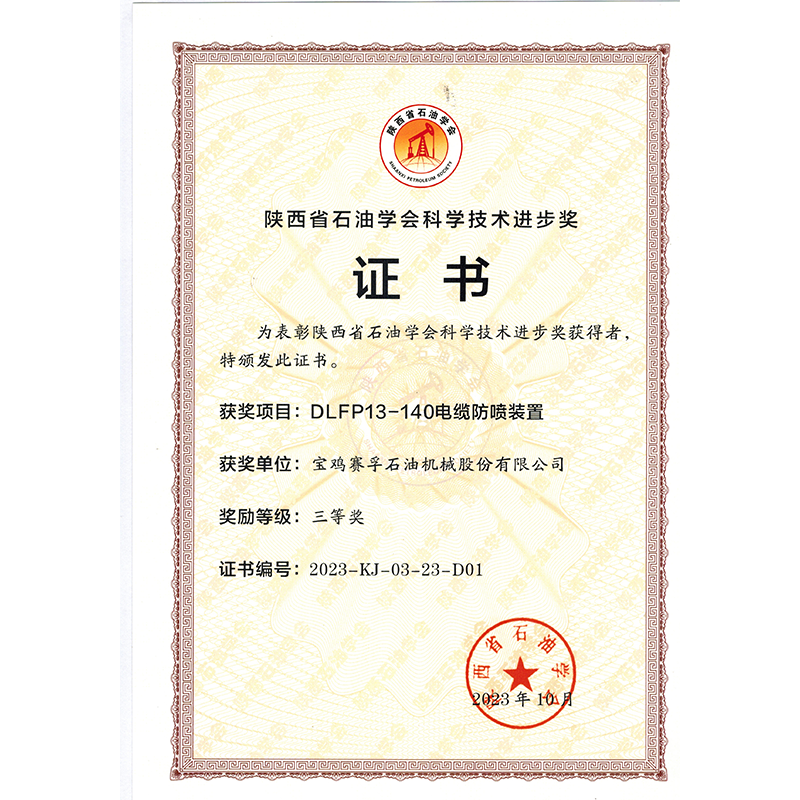 陜西省石油學(xué)會科技進(jìn)步三等獎-2023