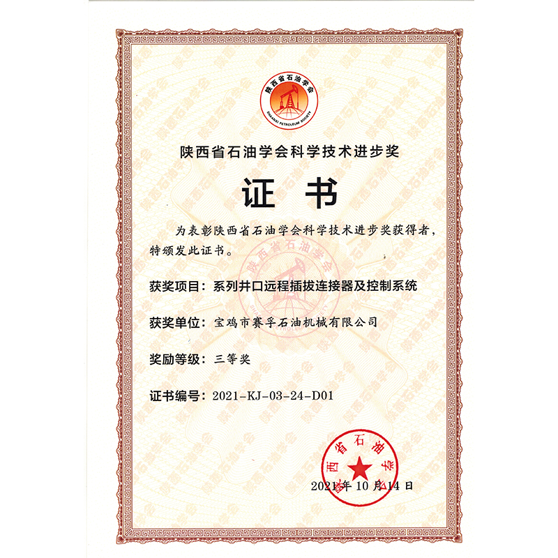 陜西省石油學(xué)會科技進(jìn)步三等獎-2021