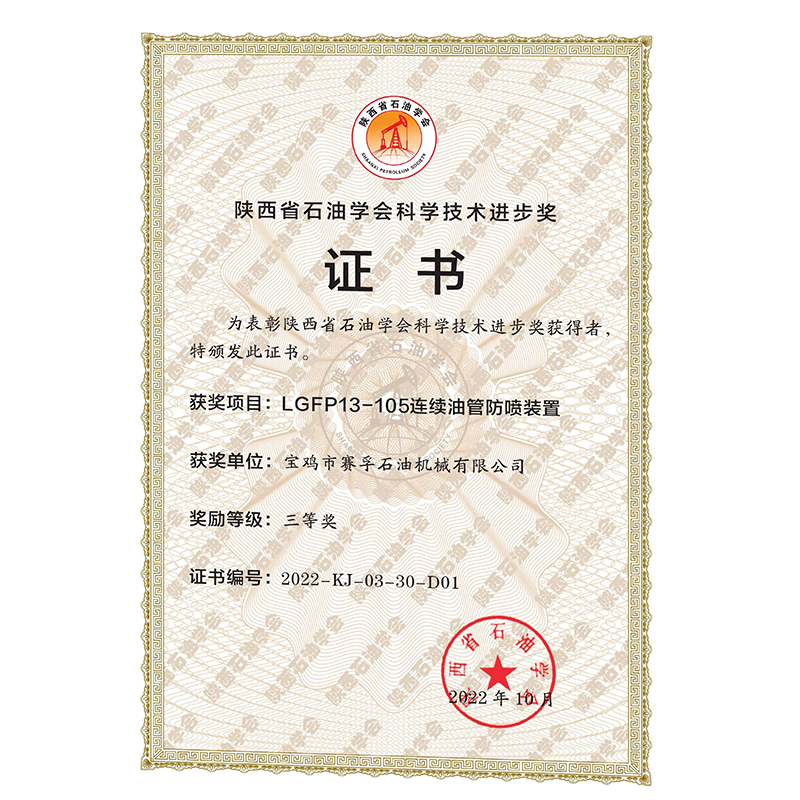 陜西省石油學(xué)會科技進(jìn)步三等獎-2022