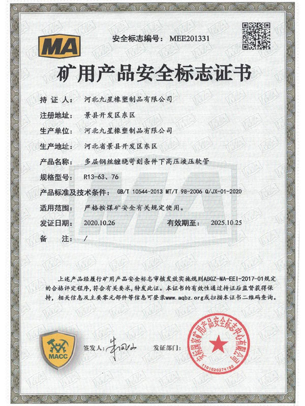Safety mark certificate of mine products