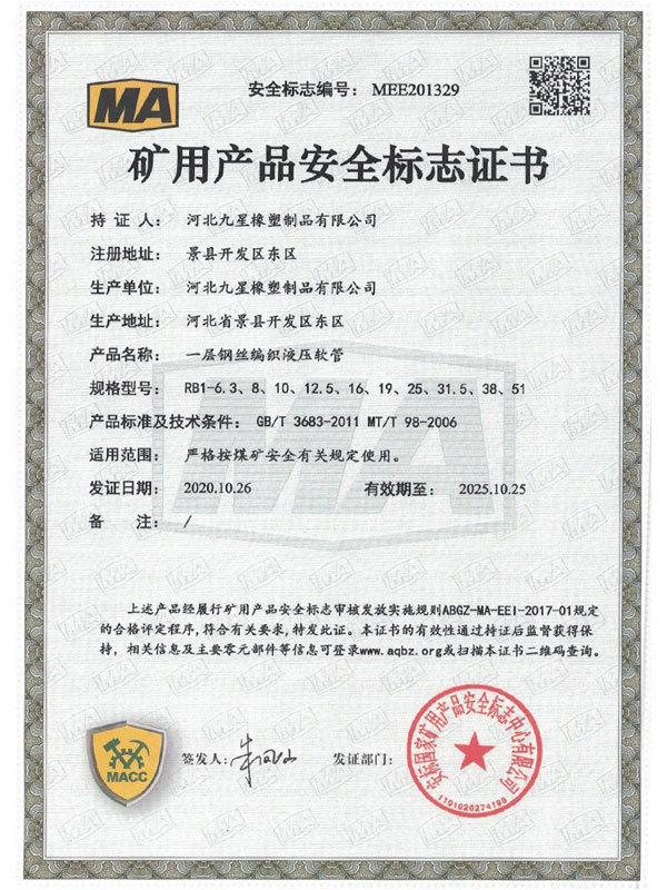Safety mark certificate of mine products Safety mark certificate of mine products