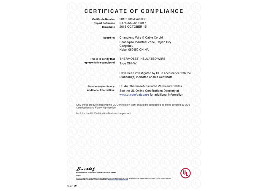 UL44 Certificate for Type XHHW Cable UL44 Certificate for Type XHHW Cable
