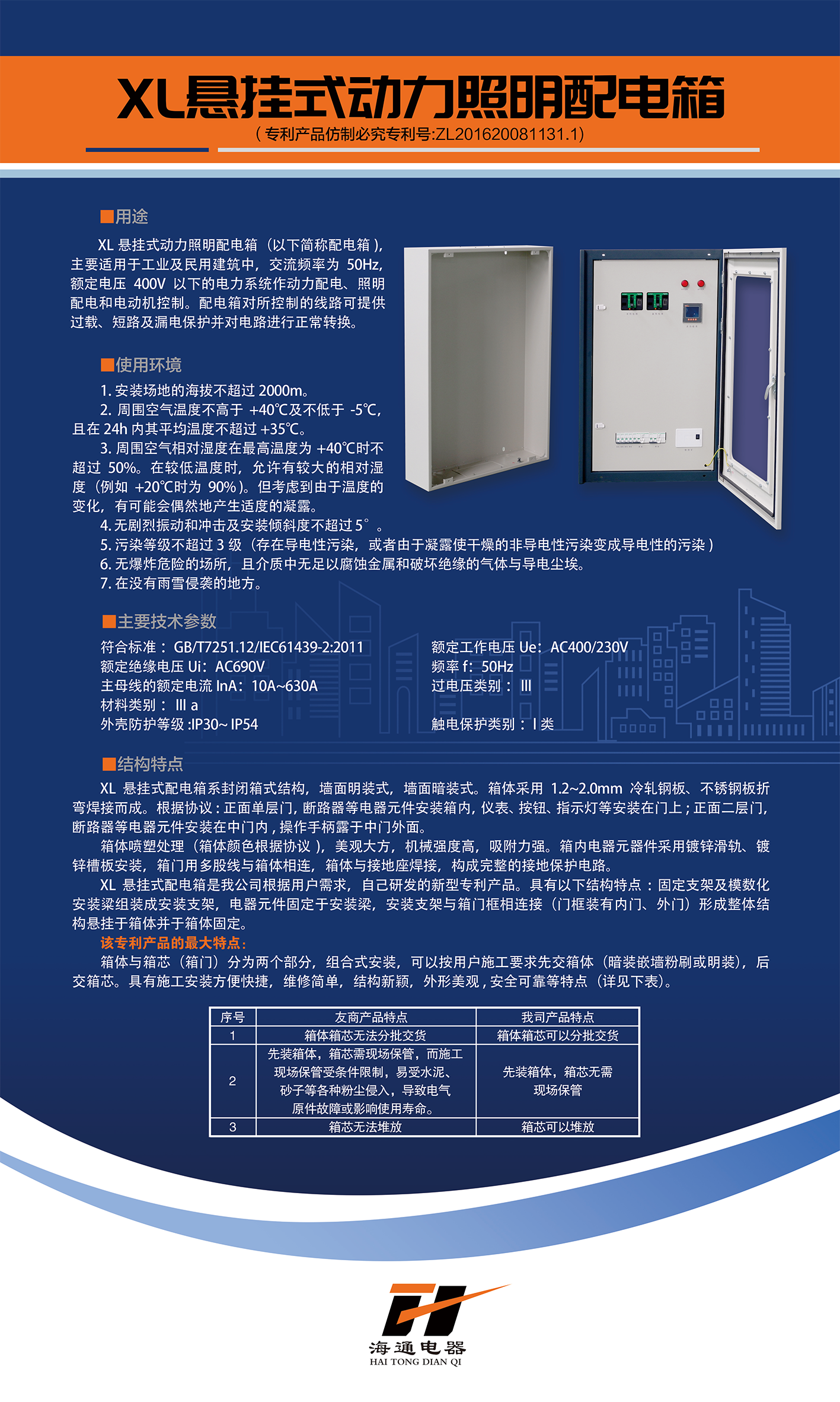 XL懸掛式動力照明配電箱（專利產品，仿制必究）(實用新型專利 一種懸掛式配電箱 專利號:ZL 2016 2 0081131.1)
