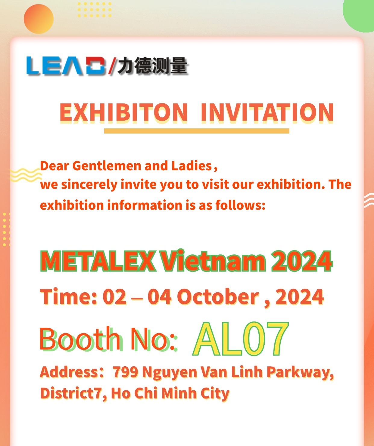 Exhibition Preview | LEAD Measurement will be present at the 2024 Vietnam International Machine Tool and Metalworking Machinery Exhibition. We sincerely invite you to visit the exhibition!