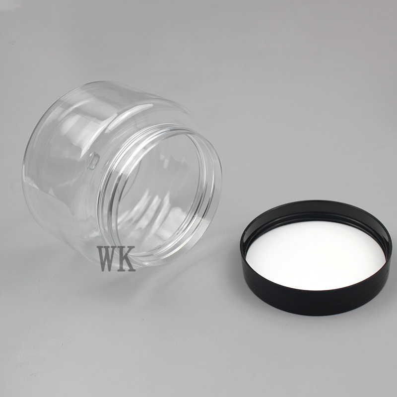 Round Jar Straight Sided Clear PET Jars Airtight plastic Jar with Black Plastic Smooth Lids