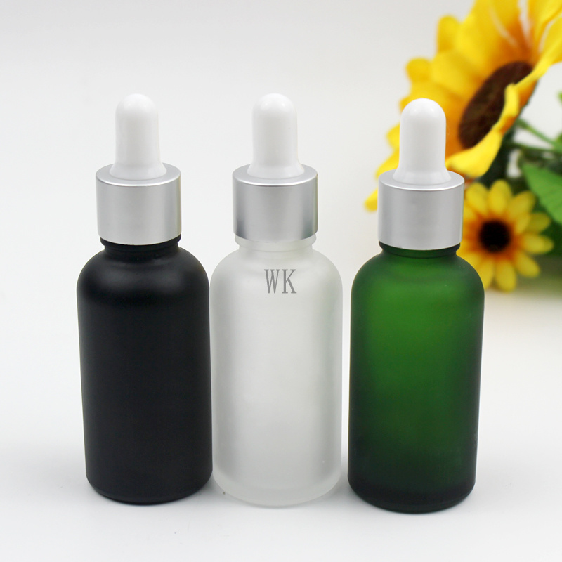 30ml Frosted black transparent green cosmetic glass bottle essential oil glass dropper bottles with silicone dropper bulb