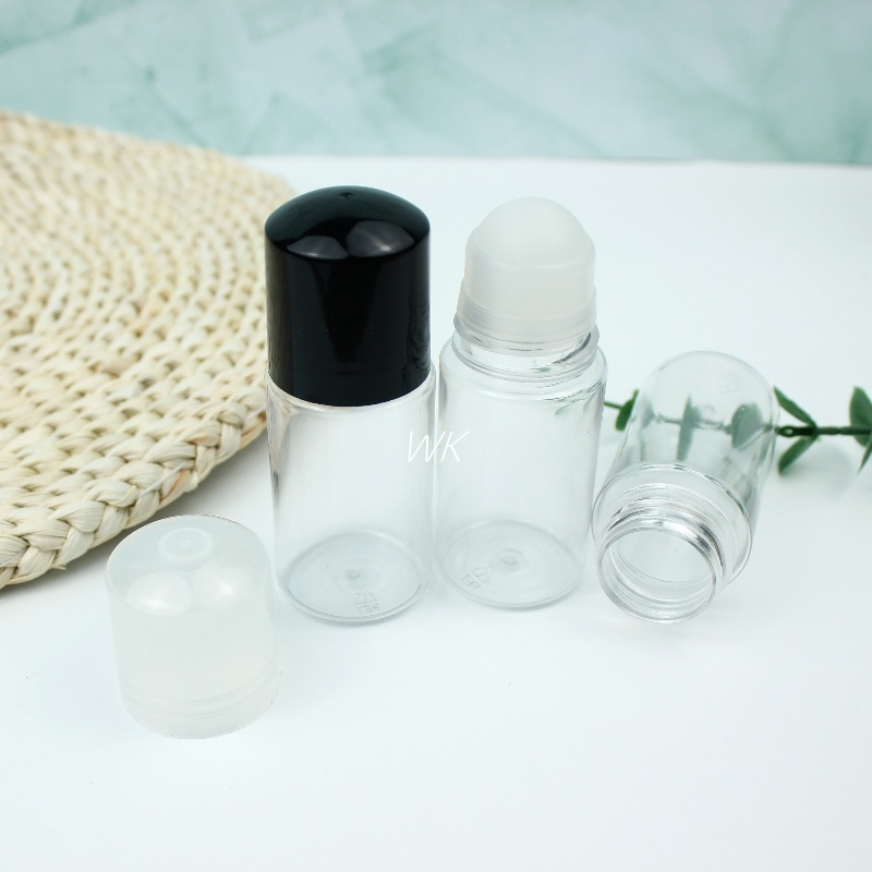 Wholesale Empty 50ml clear Essential Oil Plastic Roller Bottle Deodorant Glass Roll on Bottle with White Black Cap