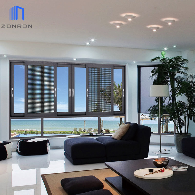 Zonron Double Glazed Tempered Glass Windows 3 Tracks Construction Aluminum Alloy Sliding Window