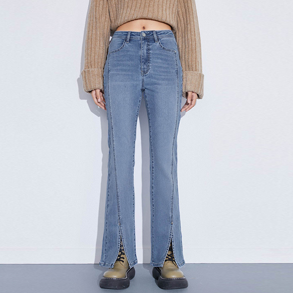 Spring trend versatile and thin trousers with split ends and high waists Lycra flared jeans for women