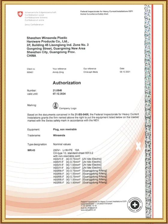 Swiss IP55 plug S+certificate 21.0845