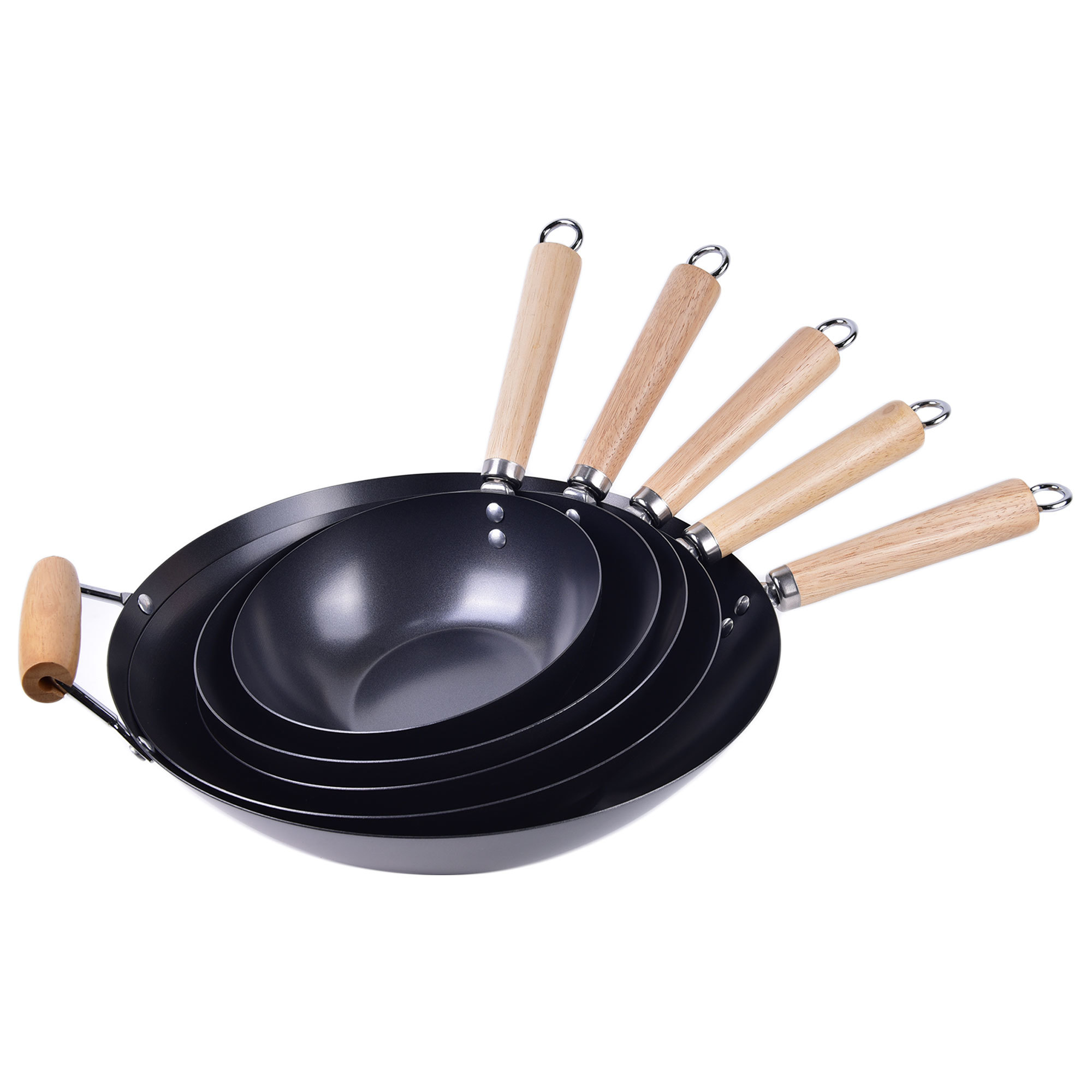 8/10/11/12/14 Inches Spun Wok with Wooden Handle