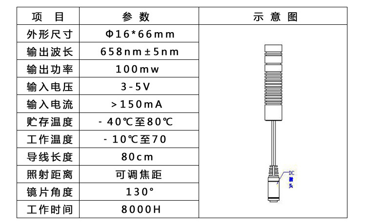 红光一字线定位激光模组参数