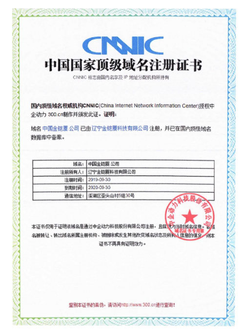中國國家頂 級域名注冊證書