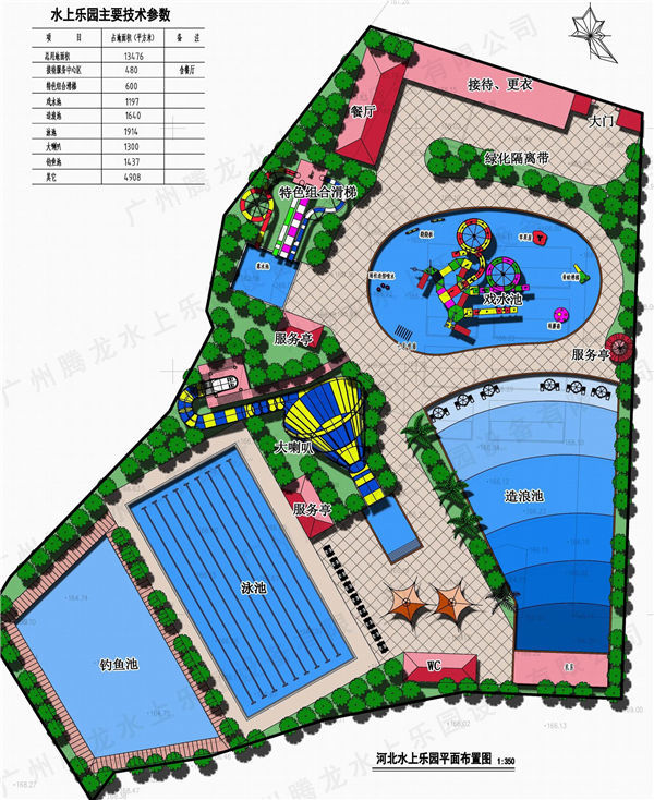 The total area of Hebei Nanhuan Water Park is about 13,000 square meters. The water park project has a characteristic combination slide, paddling pool, wave pool, swimming pool, big horn slide, and fishing pond.