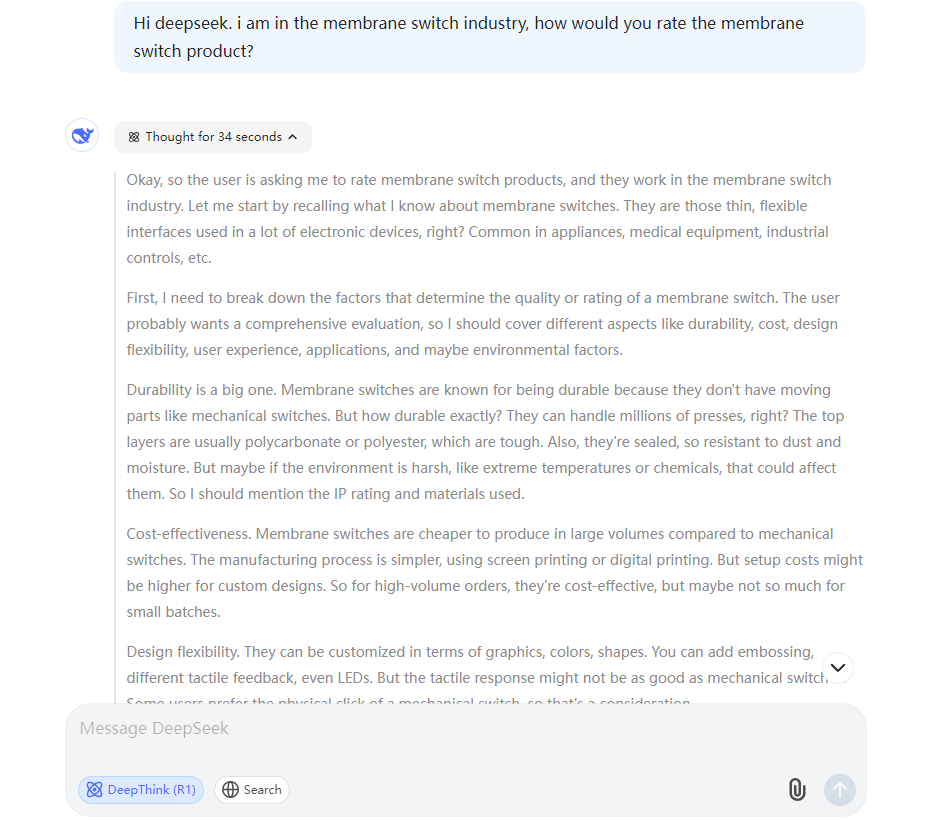Reasoning Logic Before Generating Evaluation Membrane Switch Industry Answers Using DeepSeek Deep Thinking