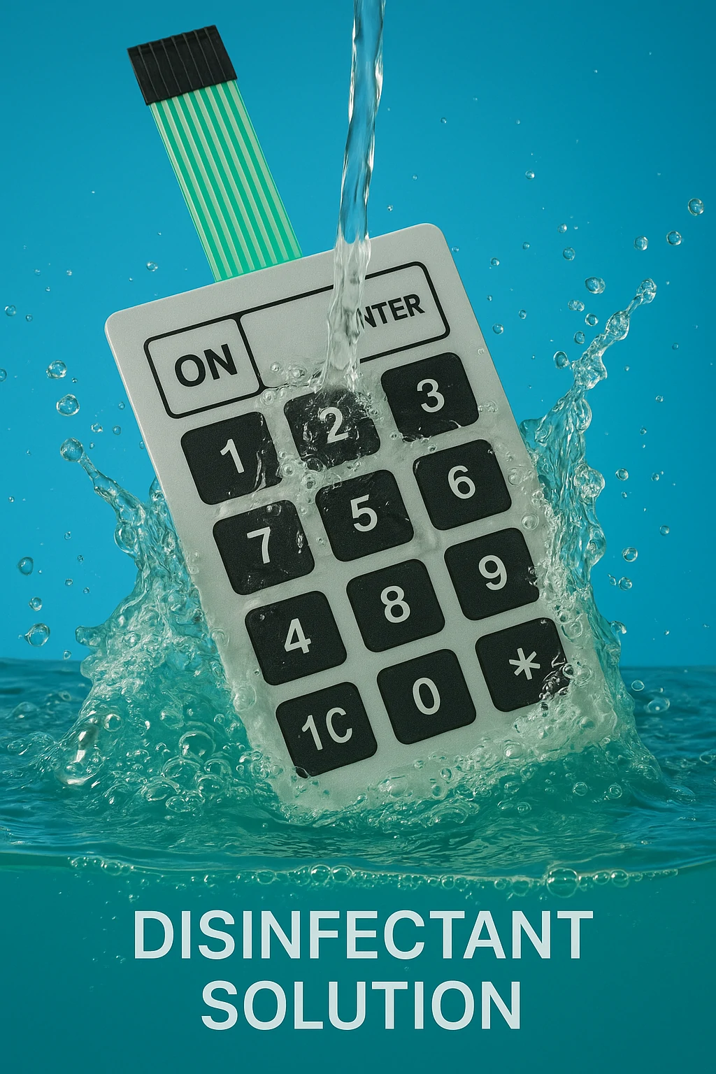 Membrane switch immersed under a stream of disinfectant water