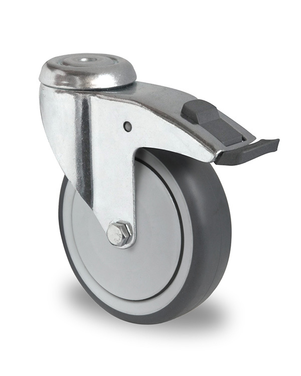 100mm bolt hole with brake TPR castor (plastic pedal) 100mm bolt hole with brake TPR castor (plastic pedal)