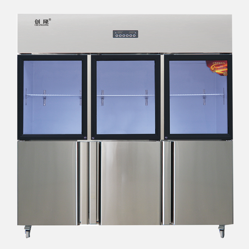 Air-cooled kitchen refrigerator with six doors and upper glass door
