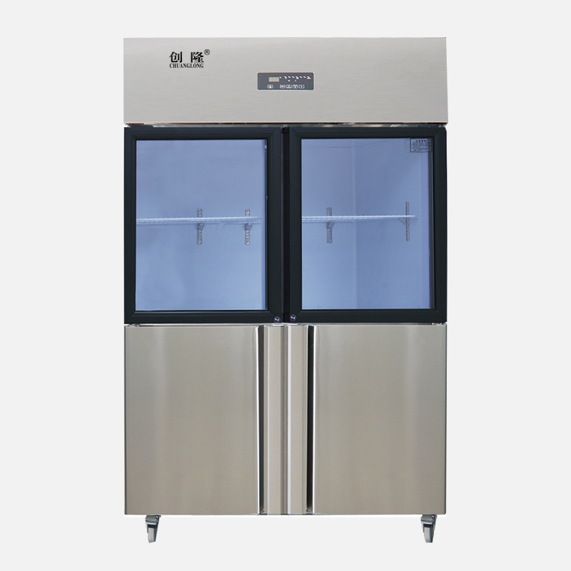 Air-cooled kitchen refrigerator with four doors and upper glass door