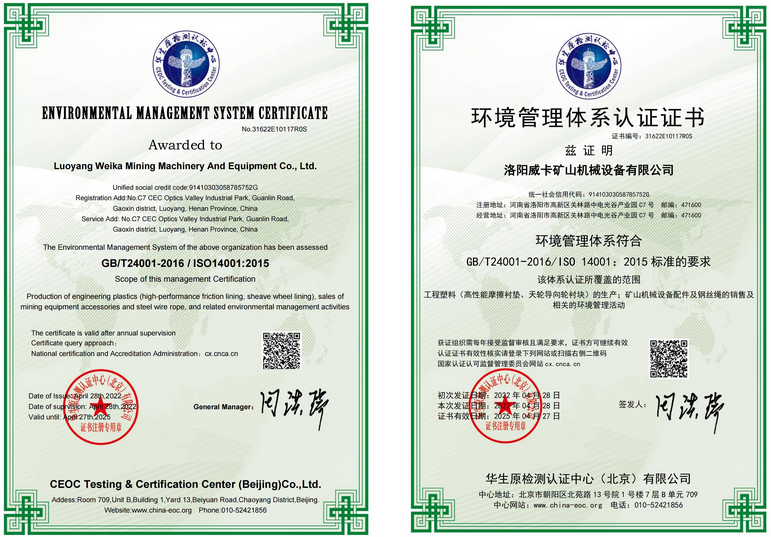 Warmly congratulate Luoyang Weika Mining Machinery Equipment Co., Ltd. on passing the quality management system certification