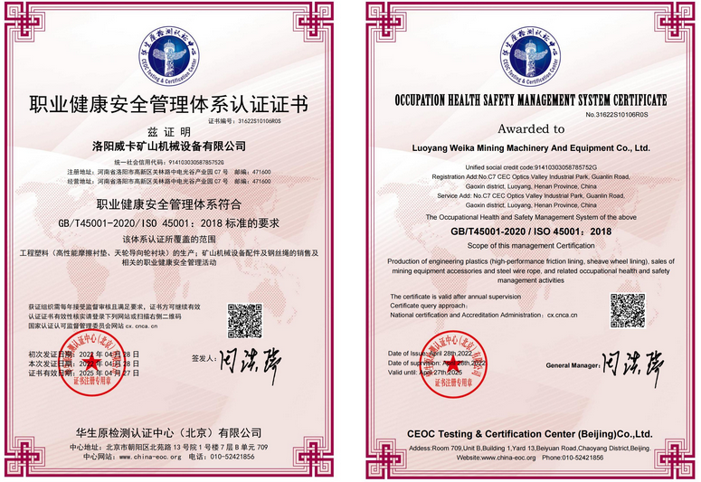 Warmly congratulate Luoyang Weika Mining Machinery Equipment Co., Ltd. on passing the occupational health and safety management system certification