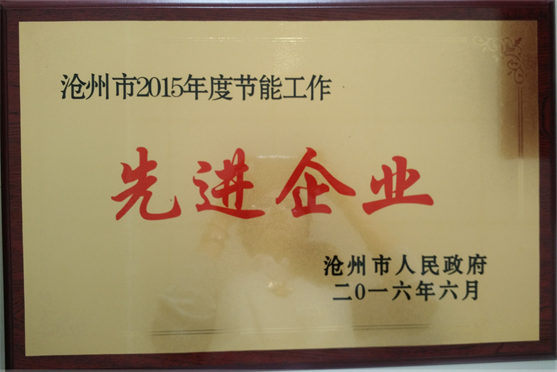 我公司被評為“滄州市節能工作先進企業”榮譽稱號