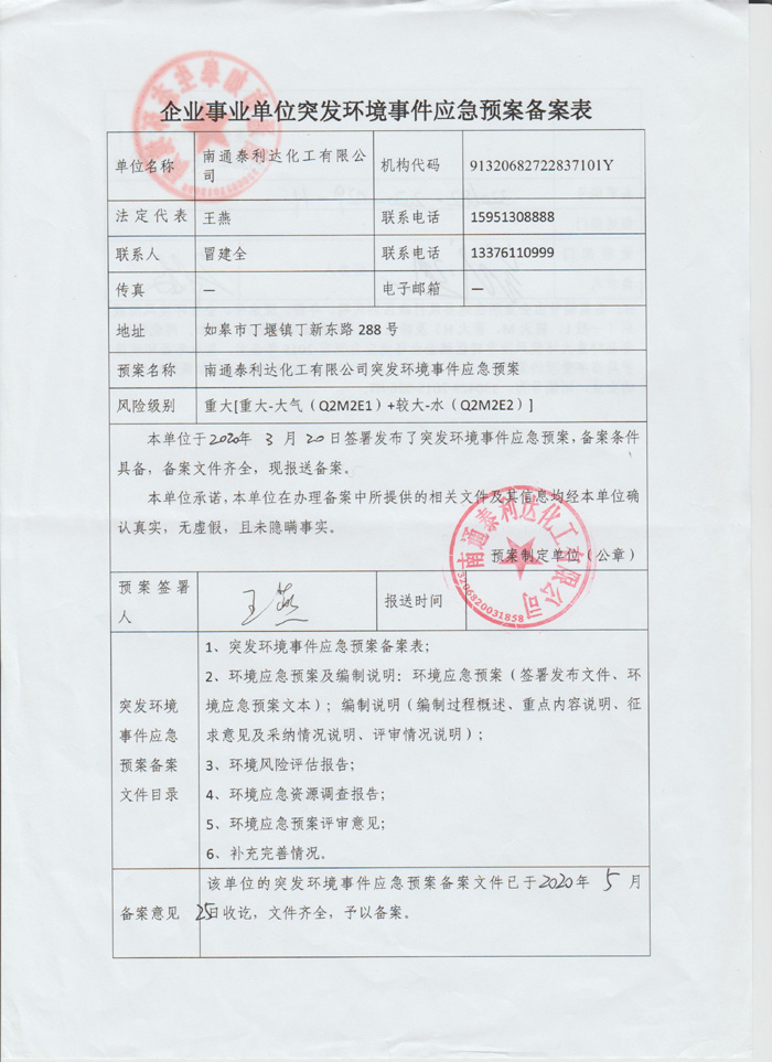 Nantong Tailida Chemical Co., Ltd. Emergency Plan Filing Form for Sudden Environmental Events