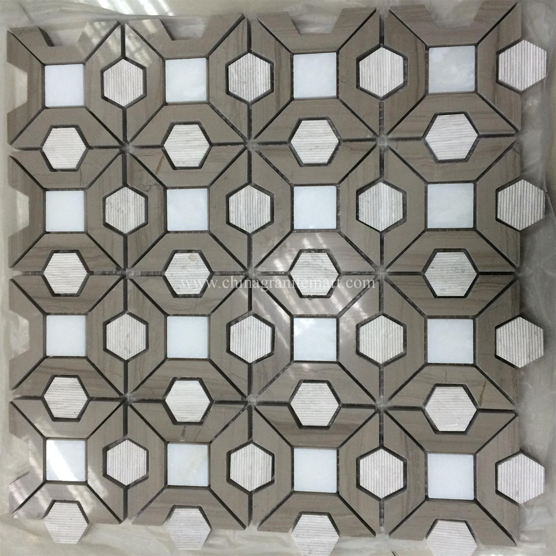 anthens grey,white and wooden marble flower mosaic
