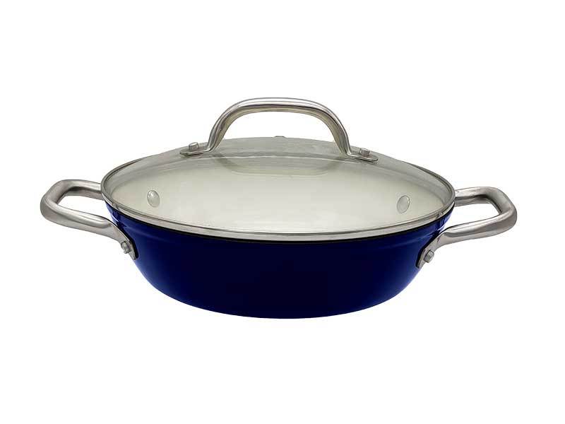 Enamel cast iron saute pan with tempered glass lid