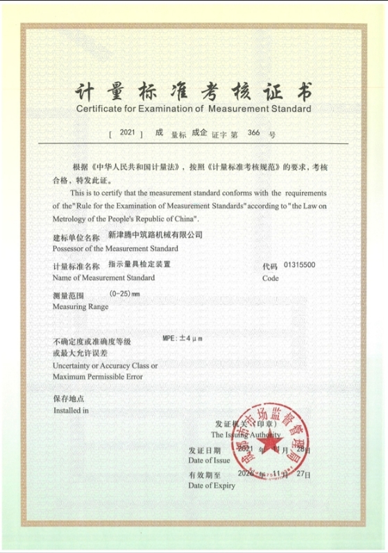 Measurement standard assessment certificate