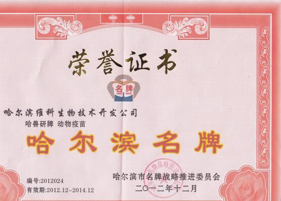 2012年授予哈爾濱名牌 2012年授予哈爾濱名牌