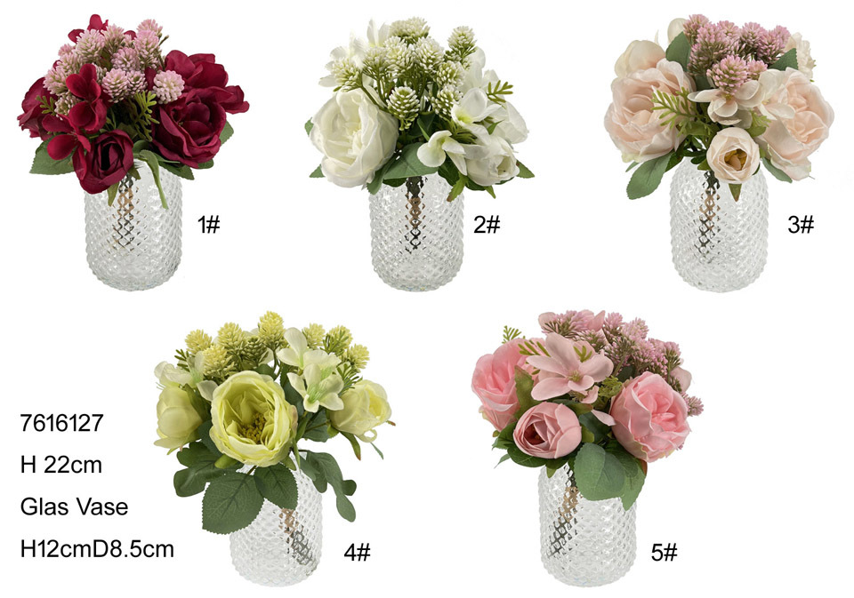 22cm camellia in glass vase