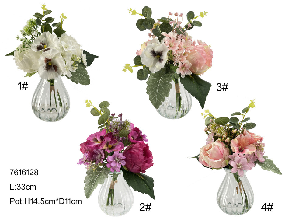 33cm peony pansy in glass vase