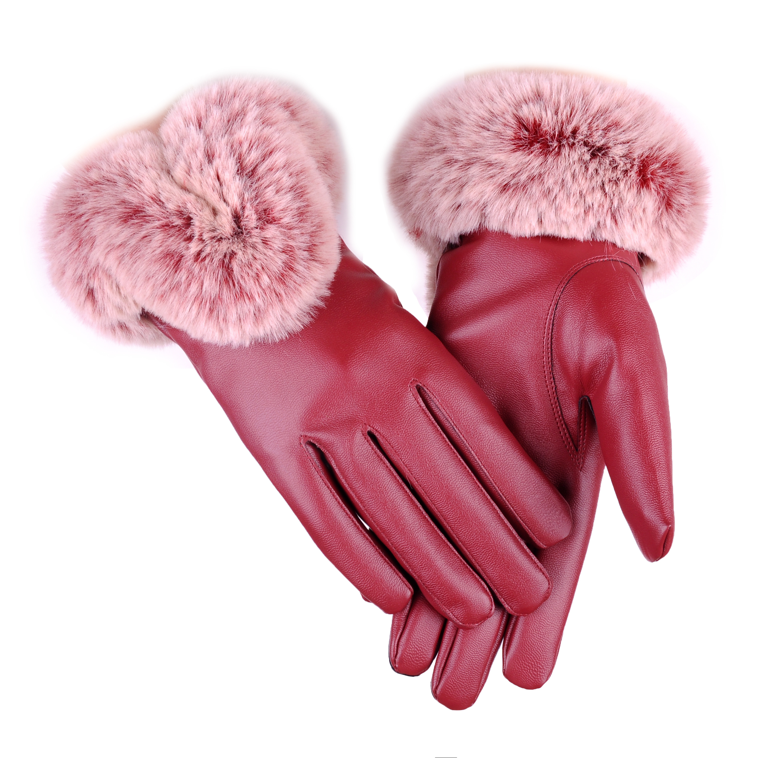 Customized Fur Cuff Leather Gloves PU Leather Touch Screen Winter Gloves