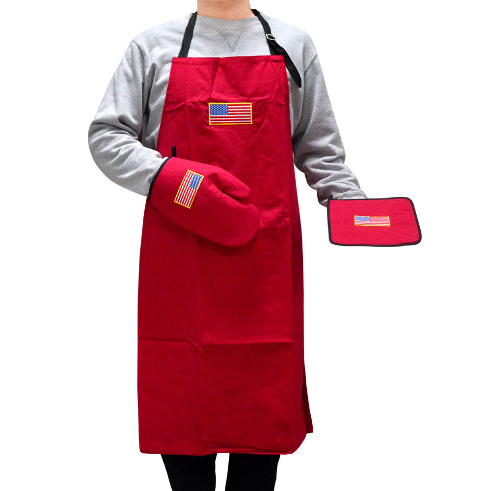 USA Flag Embroidered Logo Apron Sets Custom Cooking Apron and Chef Hat ,Oven Gloves,Pot Holder Suit