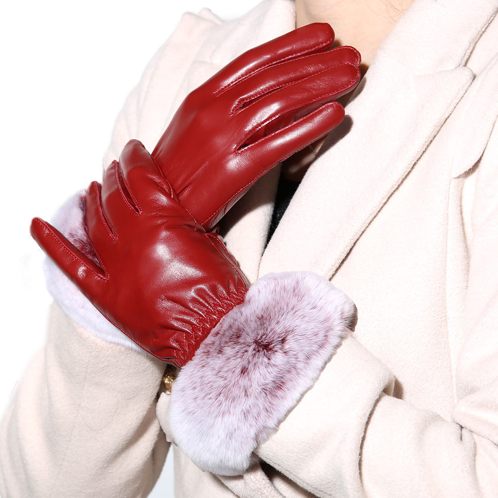 winter leather gloves sheepskin leather gloves cuff rabbit wool