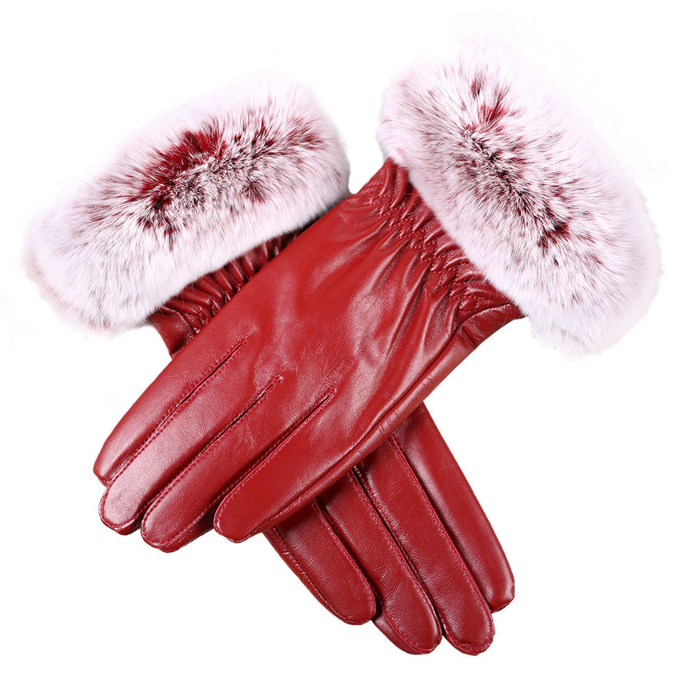 winter leather gloves sheepskin leather gloves cuff rabbit wool