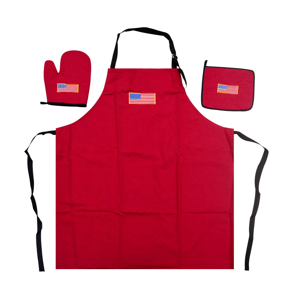 USA Flag Embroidered Logo Apron Sets Custom Cooking Apron and Chef Hat ,Oven Gloves,Pot Holder Suit