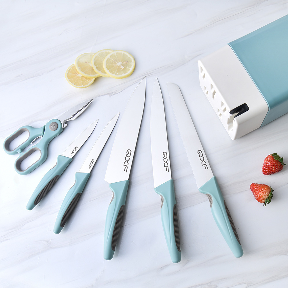 Blue plastic handle knife set