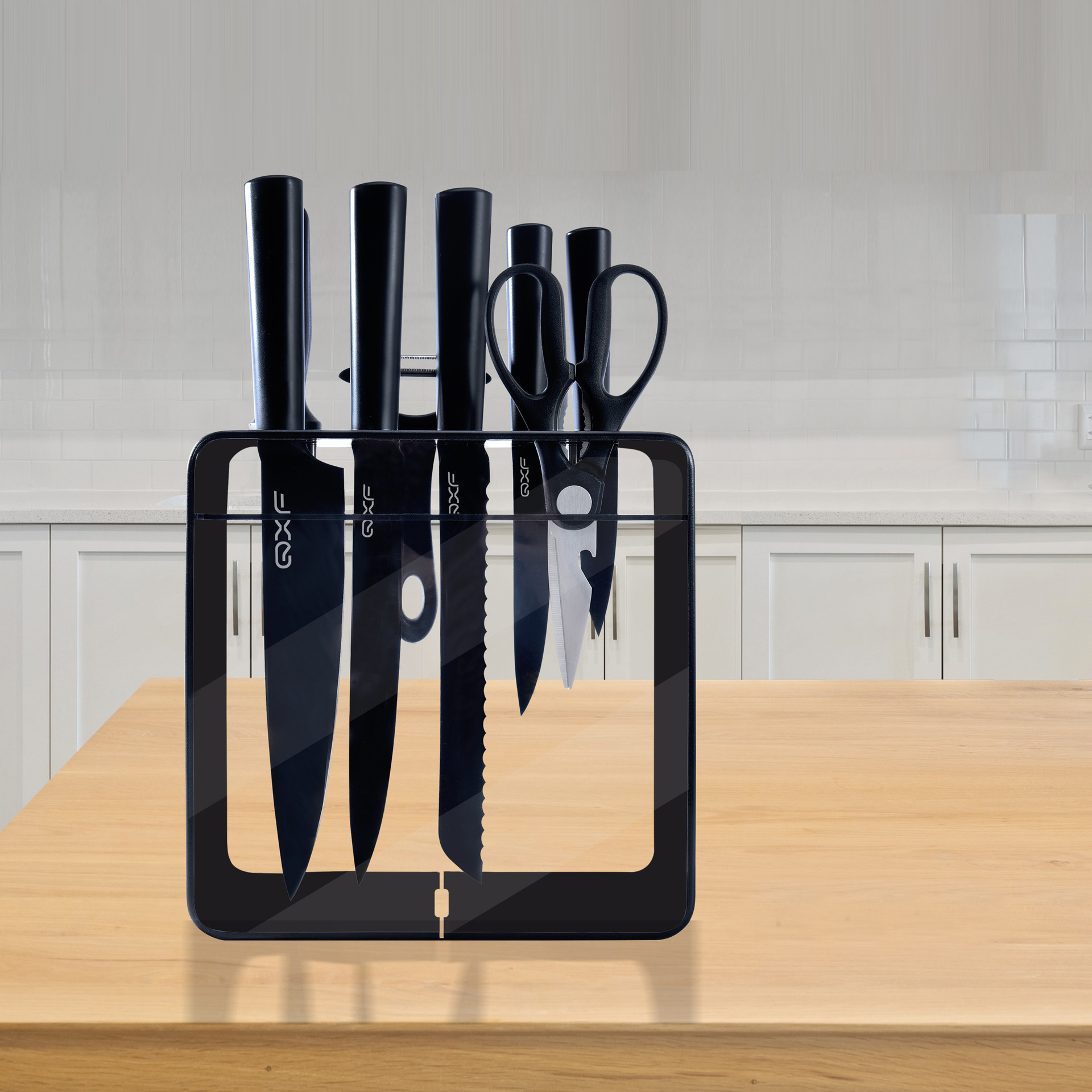 Black 9-piece Western-style kitchen knife set with acrylic knife holder