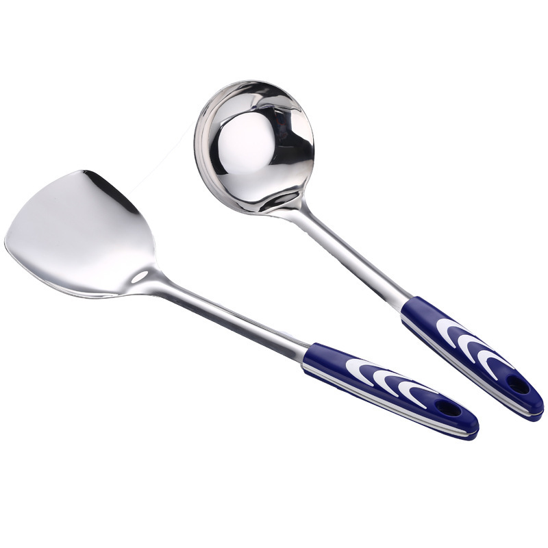 Stainless steel spoon and spatula with purple plastic handle