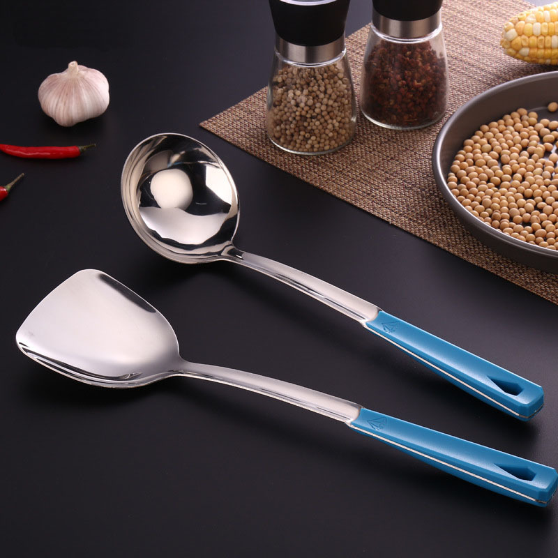 Stainless steel spoon and spatula with blue plastic handle