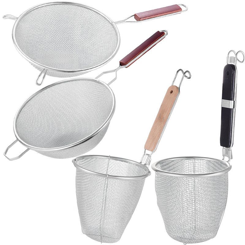 Flat wooden handle Frying Skimmer and Strainer basket