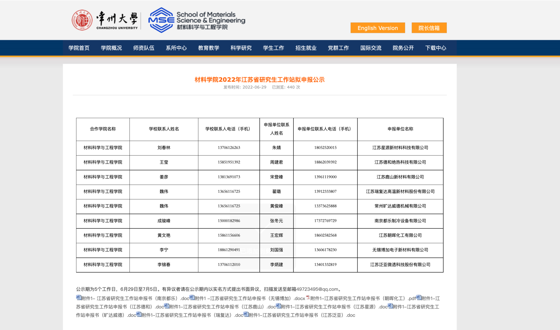 常州大學材料學院2022年江蘇省研究生工作站擬申報公示