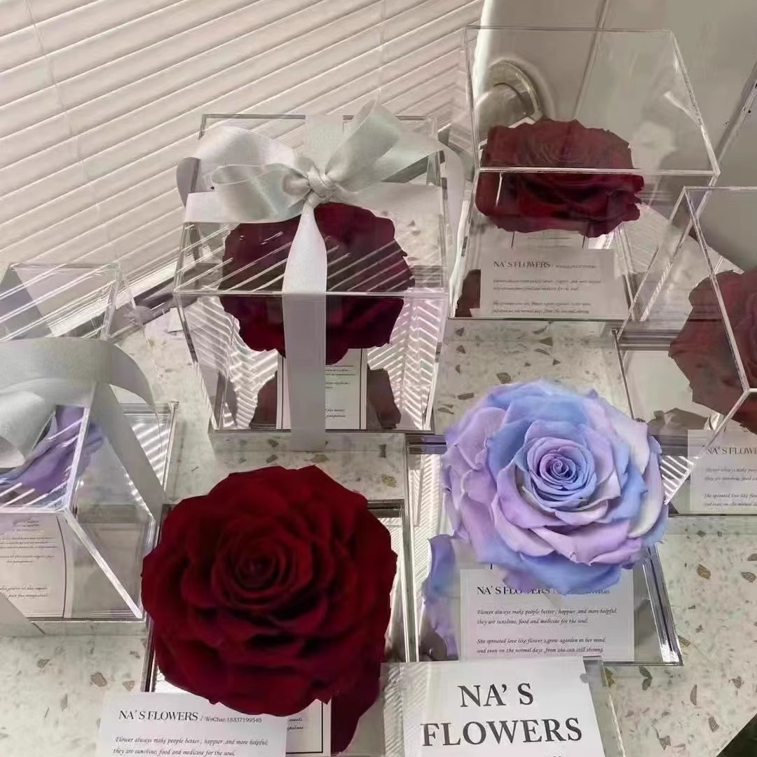 方形亚克力盒透明永生花盒镜面底单只巨型玫瑰高透明展示盒防尘罩