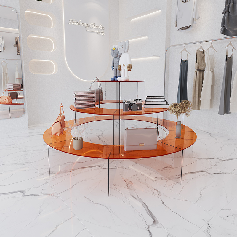 服装店桌子中间摆放中岛流水展示台亚克力透明衣服鞋包展示陈列架