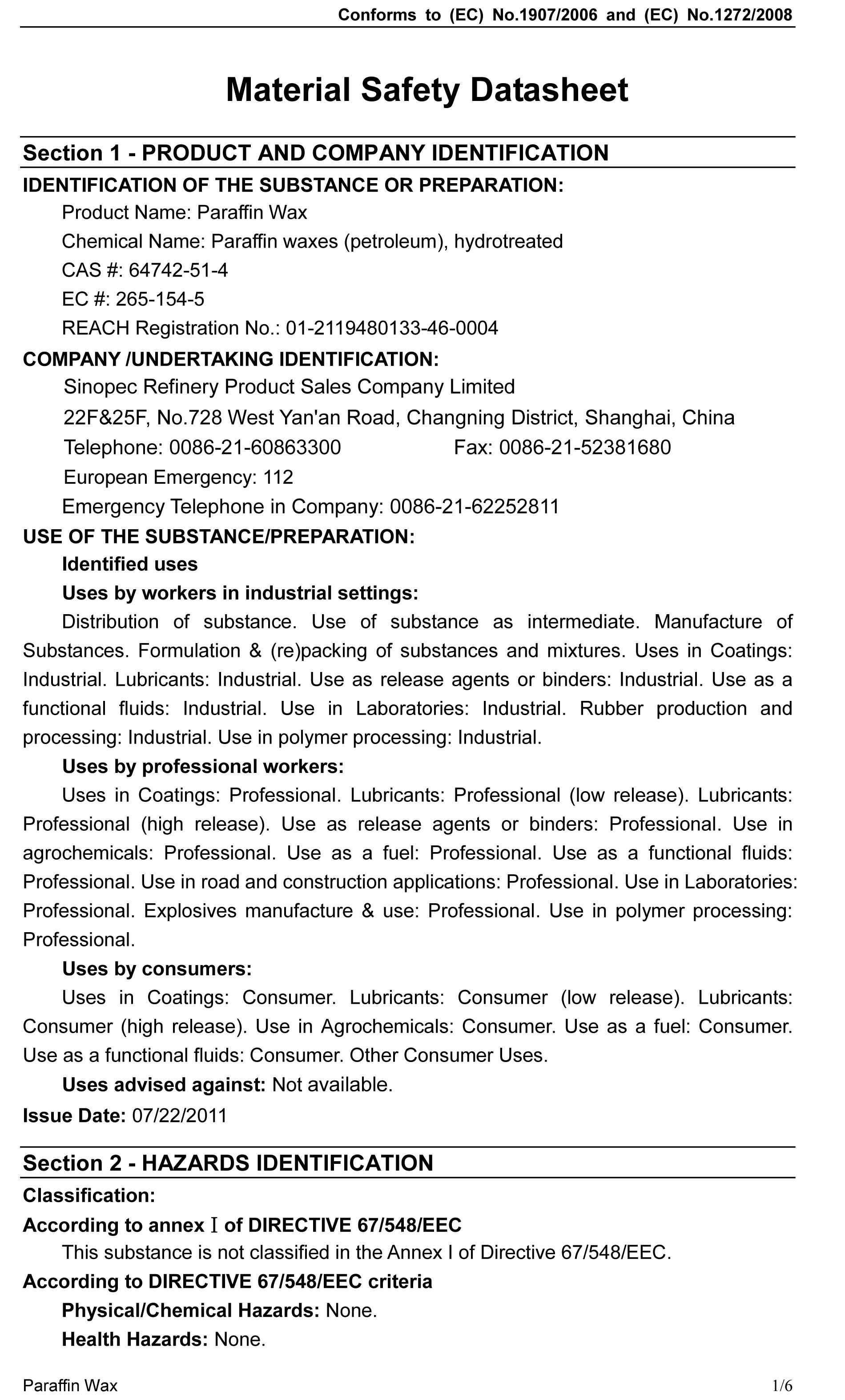 MSDS Paraffin Wax,hydrotreated_SDS_EU（Sinopec）-1